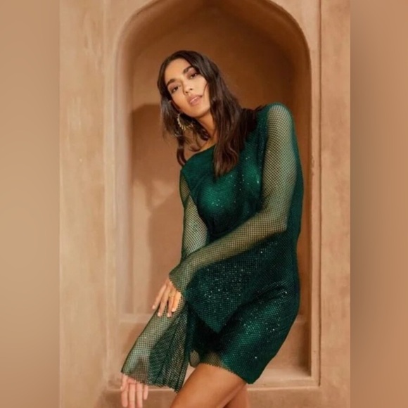 Samira Flare Sleeve Diamante Mesh Mini Dress - Picture 1 of 5